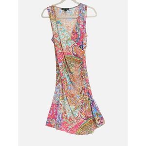 Ralph Lauren Womens Paisley Faux Wrap Dress Size S V-Neck Pink Stretch Colorful